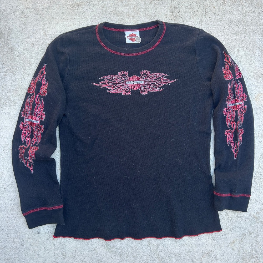 Harley Davidson Waffle Thermal Shirt Black Tribal Flame Sleeve Y2K Mall Core Vtg